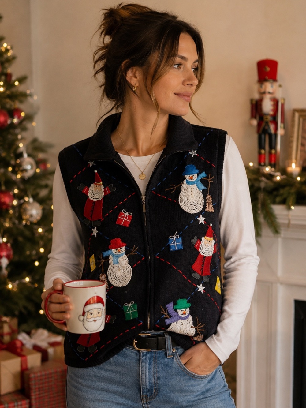 Vintage 90s Collectible Holiday Embroidered Zip-Front Vest - Ugly Sweater Santa